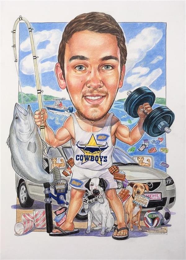 Liam's 21st birthday caricature,with his favourite doggies,boat,fishing rod