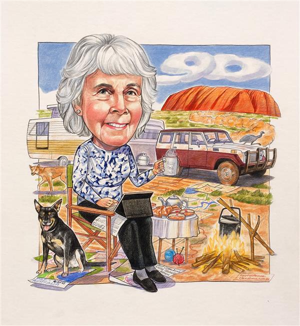 90th birthday caricature rembering the old truck, favourite place and doggie she travelled with
