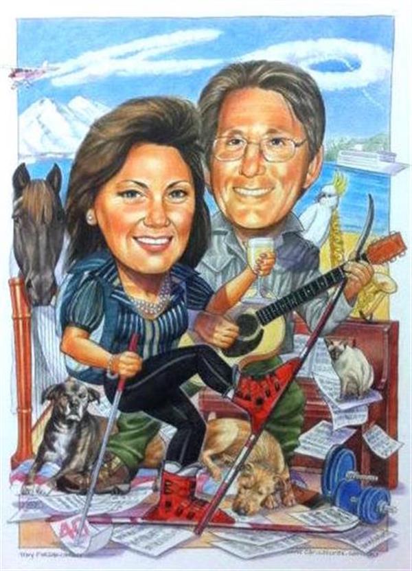 40th wedding Anniversary caricature including all the things they love, doggies, skiing, flying, music