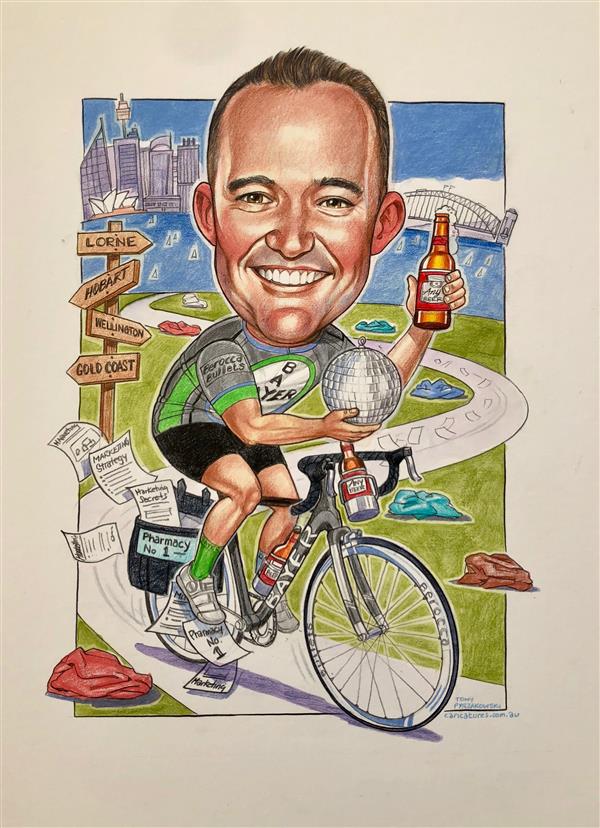 Bayer business caricature. Ken the legendary cyclist