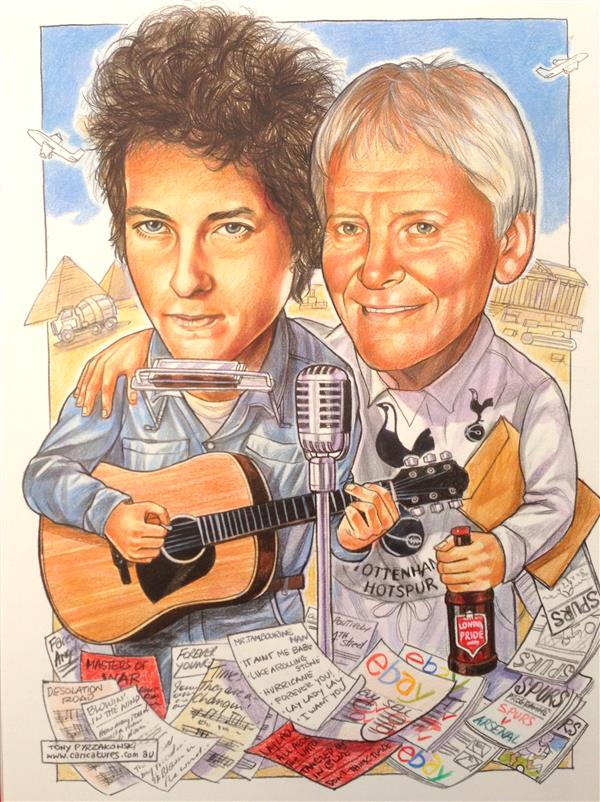 Big Bob Dylan and Spurs fan birthday caricature