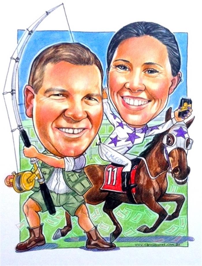 Champion jockey and legendary fisherman wedding caricature