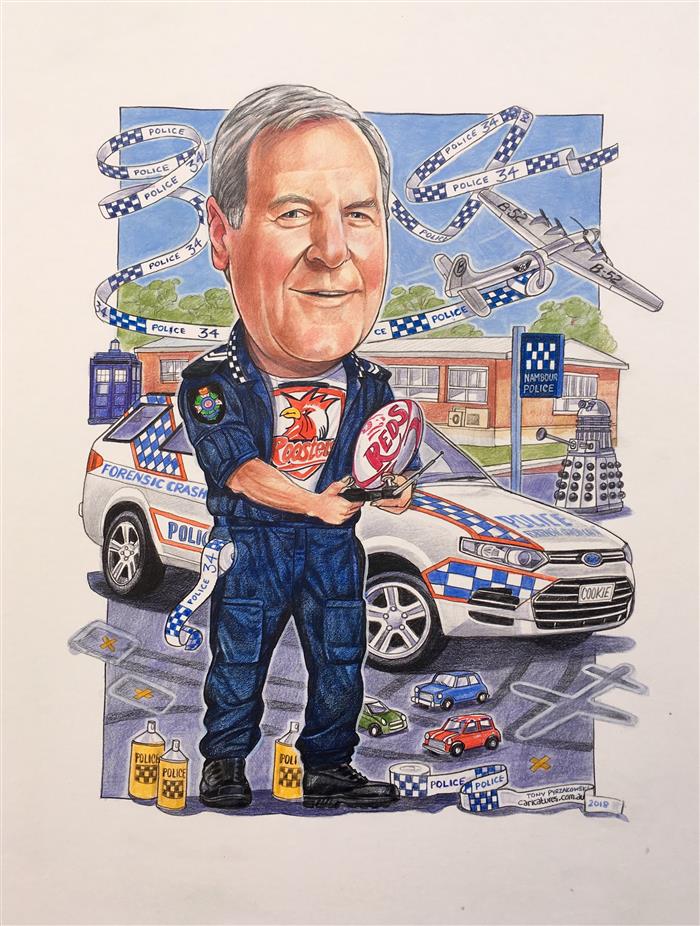 Legendary Police investigator retirement gift caricature