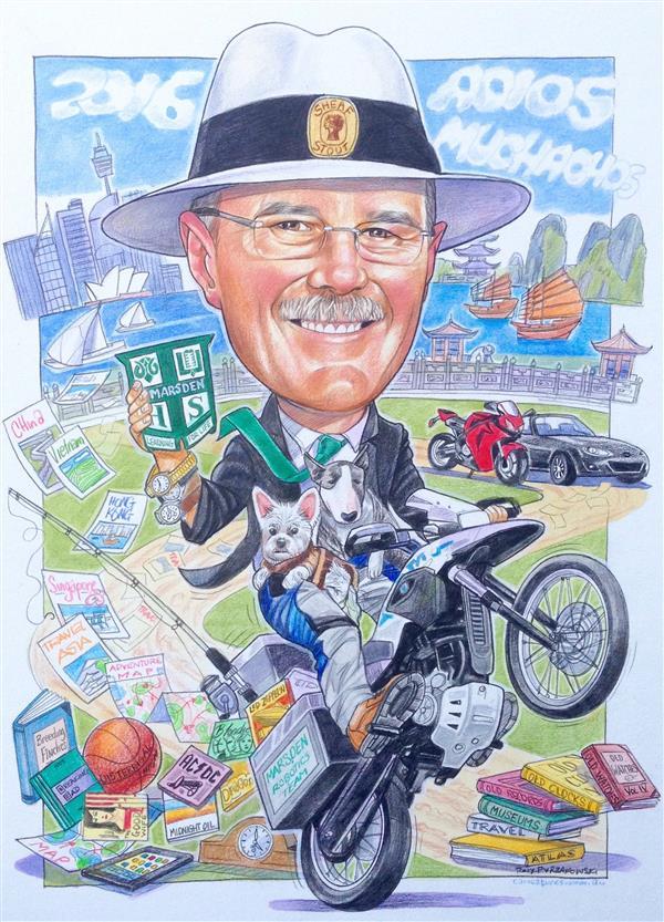 Marsden High schoolteacher was leaving to ride around the world. 'Adios Muchachos' caricature