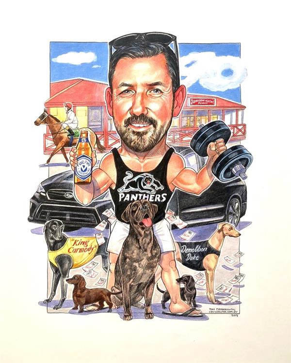 Birthday caricature for Shaun, Panther's fan with his dogs and racehorse