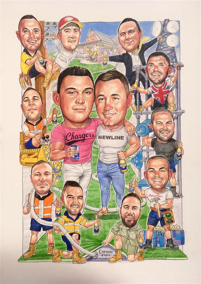 Tom, James and the boys birthday caricature