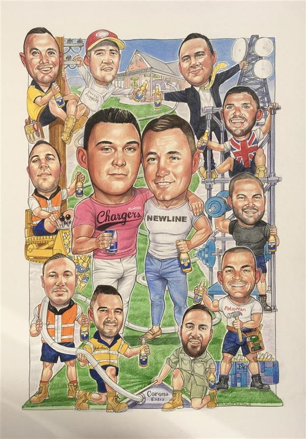 Tom's birthday caricature showing him with his best mates