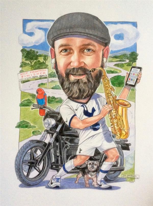 Andy, musician, spurs fan and bike rider, birthday caricature