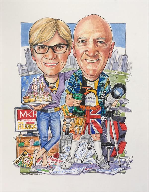 60th and 70th birthday caricature of Mum and dad showing them surrounded by the things they love best...and each other