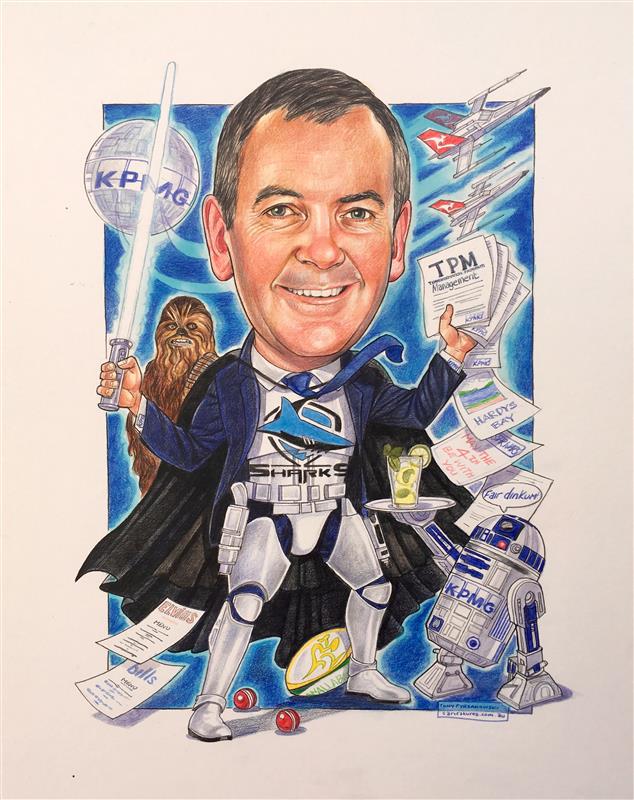 Big star wars and Sharkies fan retirement caricature